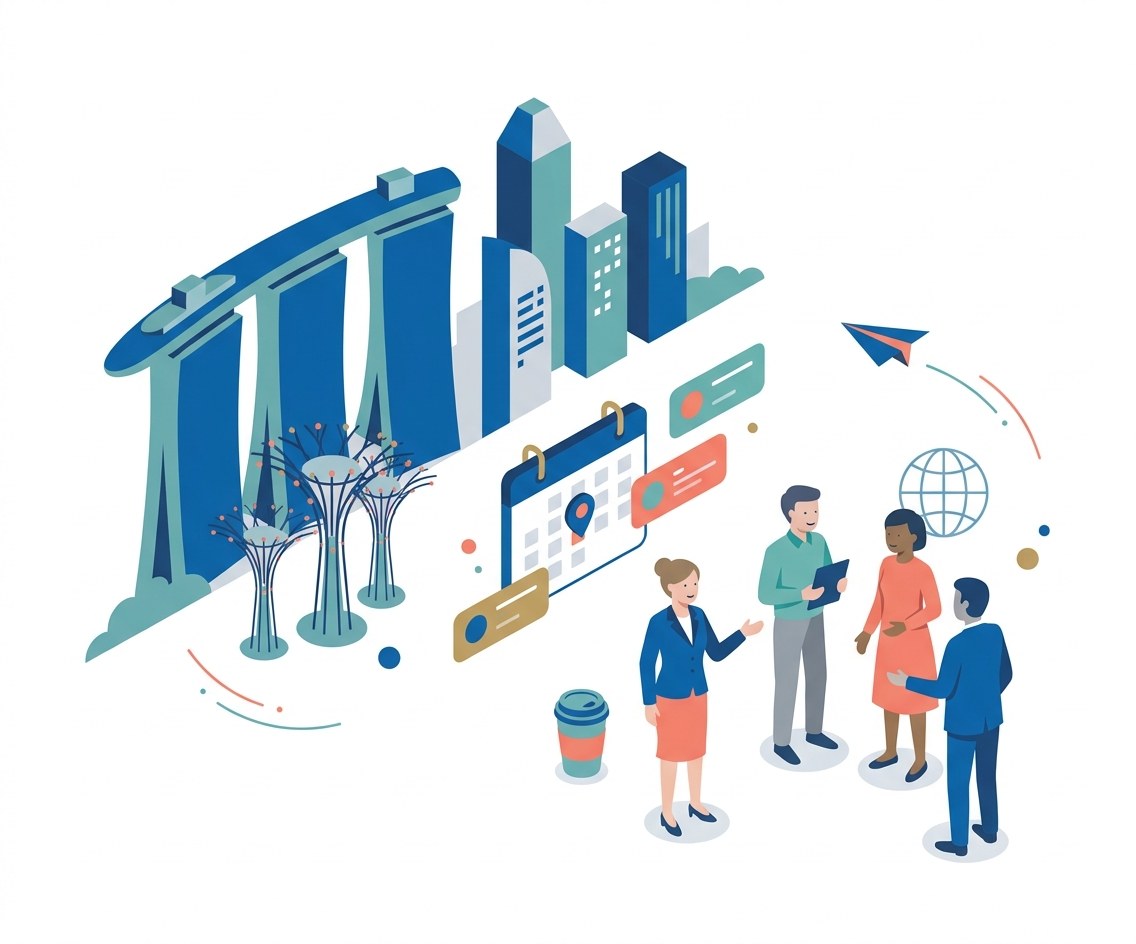 Illustration of business professionals networking in Singapore with Marina Bay Sands and a meeting calendar